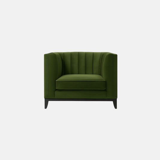 This is a green upholstered sofa with vertical channel tufting along the back and sides. It features two seat cushions, a boxy frame, and a low-profile black wooden base with tapered legs. The overall design is sleek and contemporary, giving it a sophisticated yet minimalist look — perfect for modern commercial or hospitality interiors.