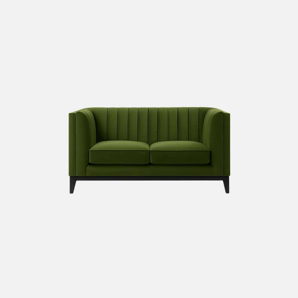 This is a green upholstered sofa with vertical channel tufting along the back and sides. It features two seat cushions, a boxy frame, and a low-profile black wooden base with tapered legs. The overall design is sleek and contemporary, giving it a sophisticated yet minimalist look — perfect for modern commercial or hospitality interiors.