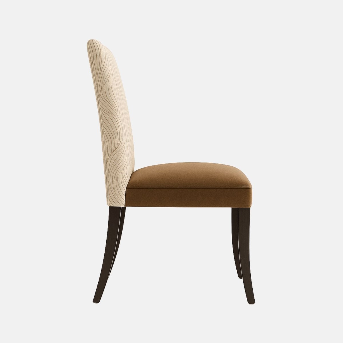 Elegant dining chair with a high backrest upholstered in beige patterned fabric, cushioned brown seat, and dark wooden legs.

