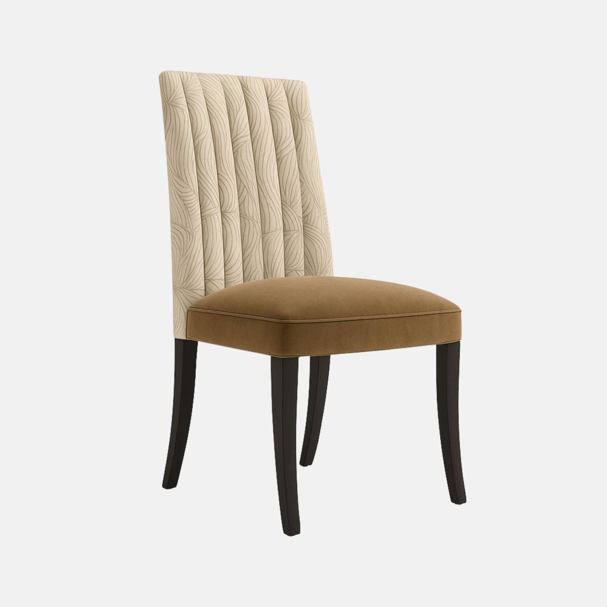 Elegant dining chair with a high backrest upholstered in beige patterned fabric, cushioned brown seat, and dark wooden legs.
