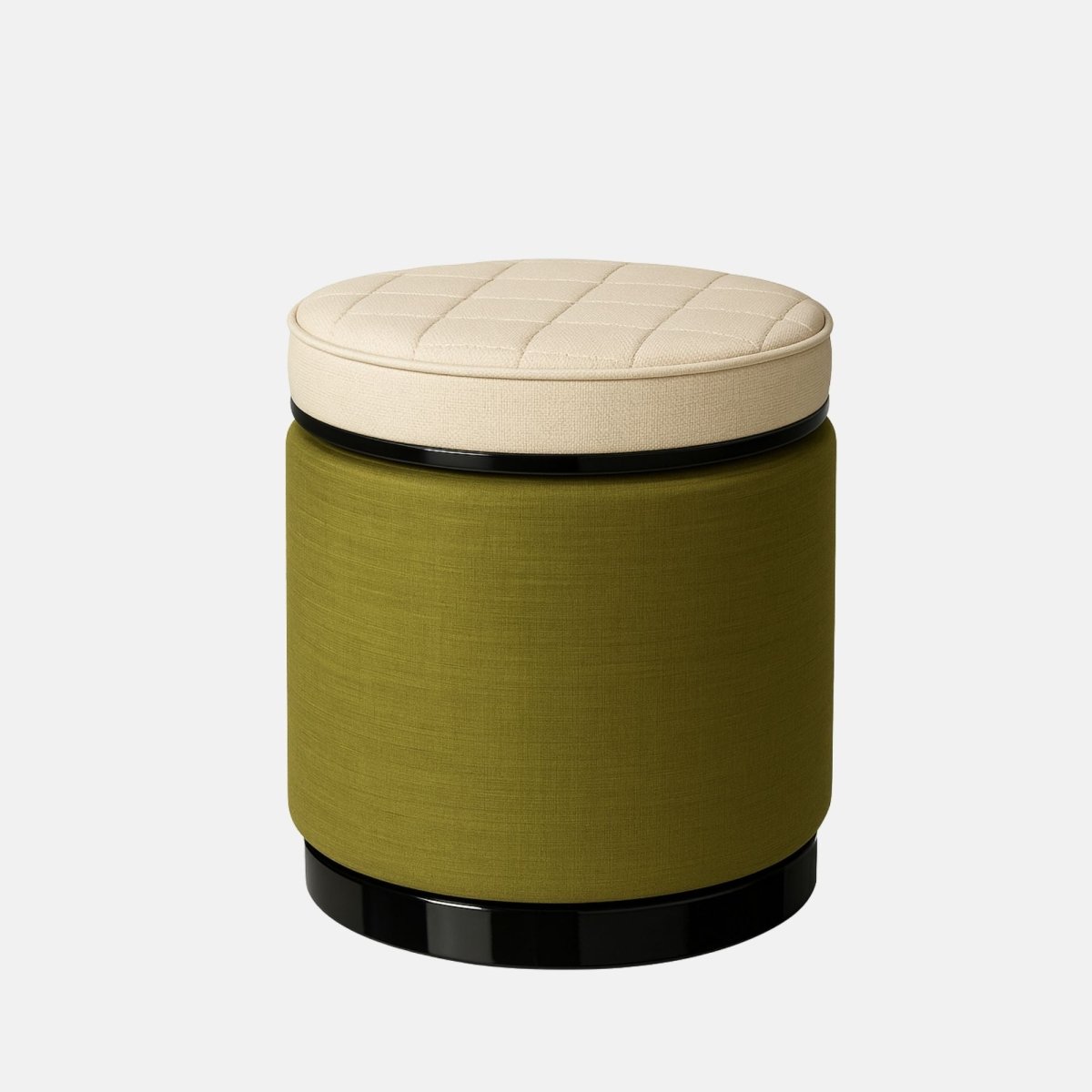 Two-tone round ottoman with olive green fabric body and cream quilted seat on black base modern upholstered stool for living room, bedroom, or hotel lounge.