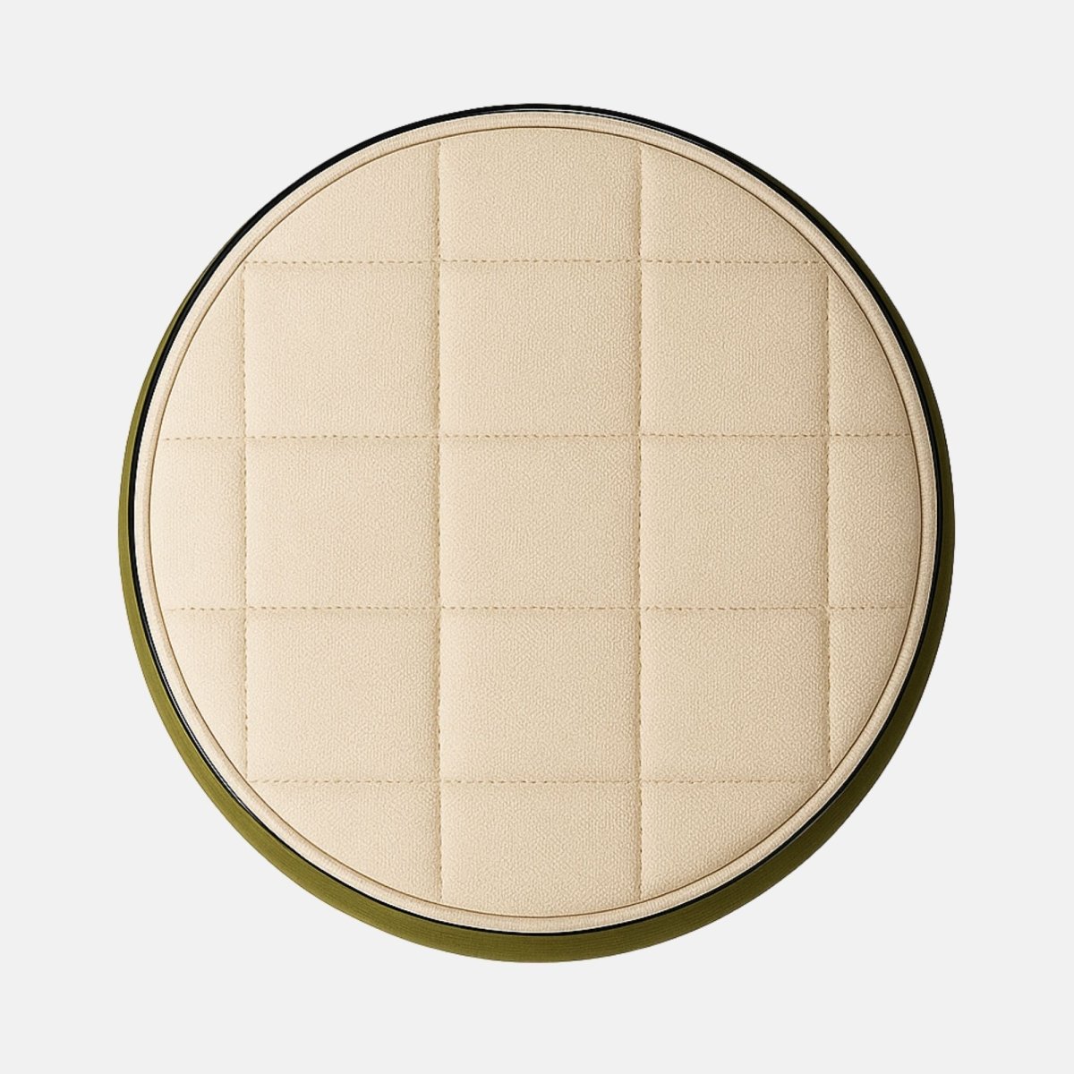 Two-tone round ottoman with olive green fabric body and cream quilted seat on black base modern upholstered stool for living room, bedroom, or hotel lounge.