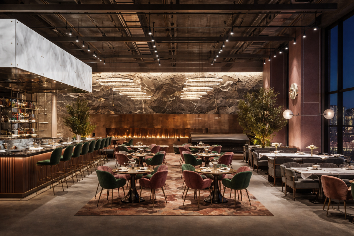 Luxury restaurant interior with upholstered dining chairs, velvet seating, and modern bar design