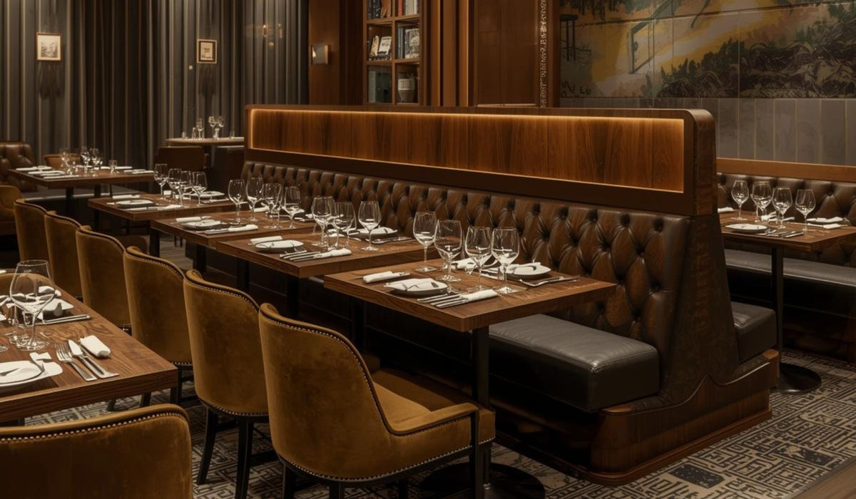 Luxury restaurant interior with tufted leather banquette seating and wooden dining tables