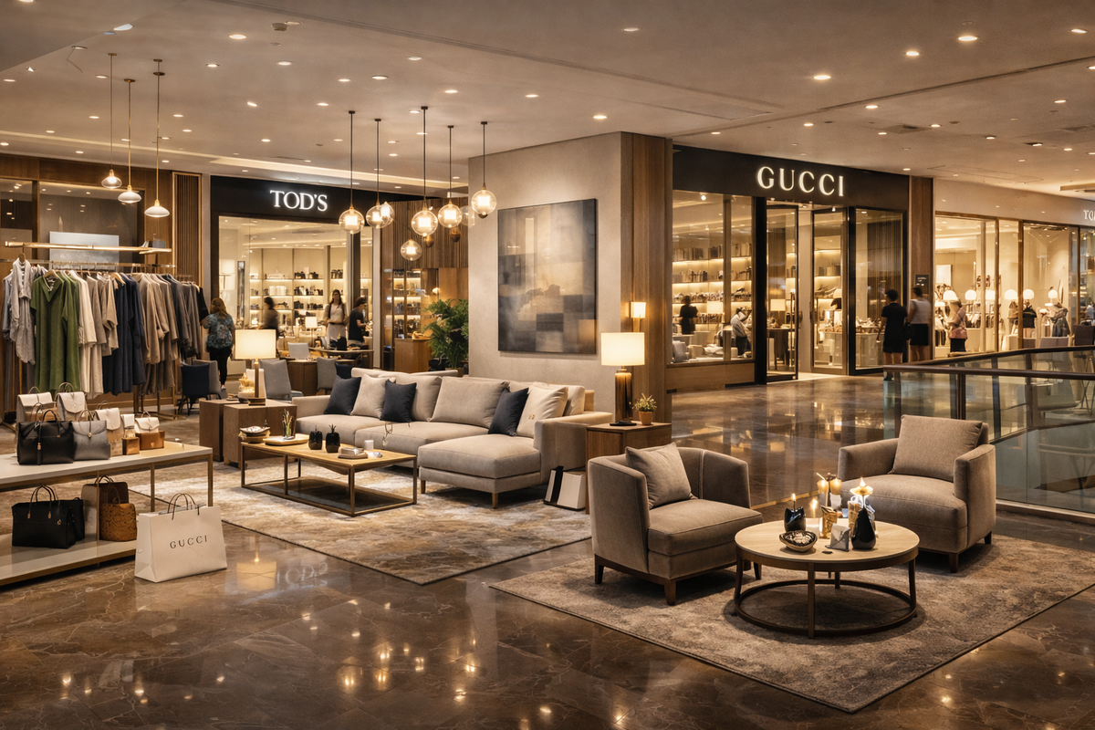 Luxury retail store interior with lounge seating, sofas, and designer fashion boutiques