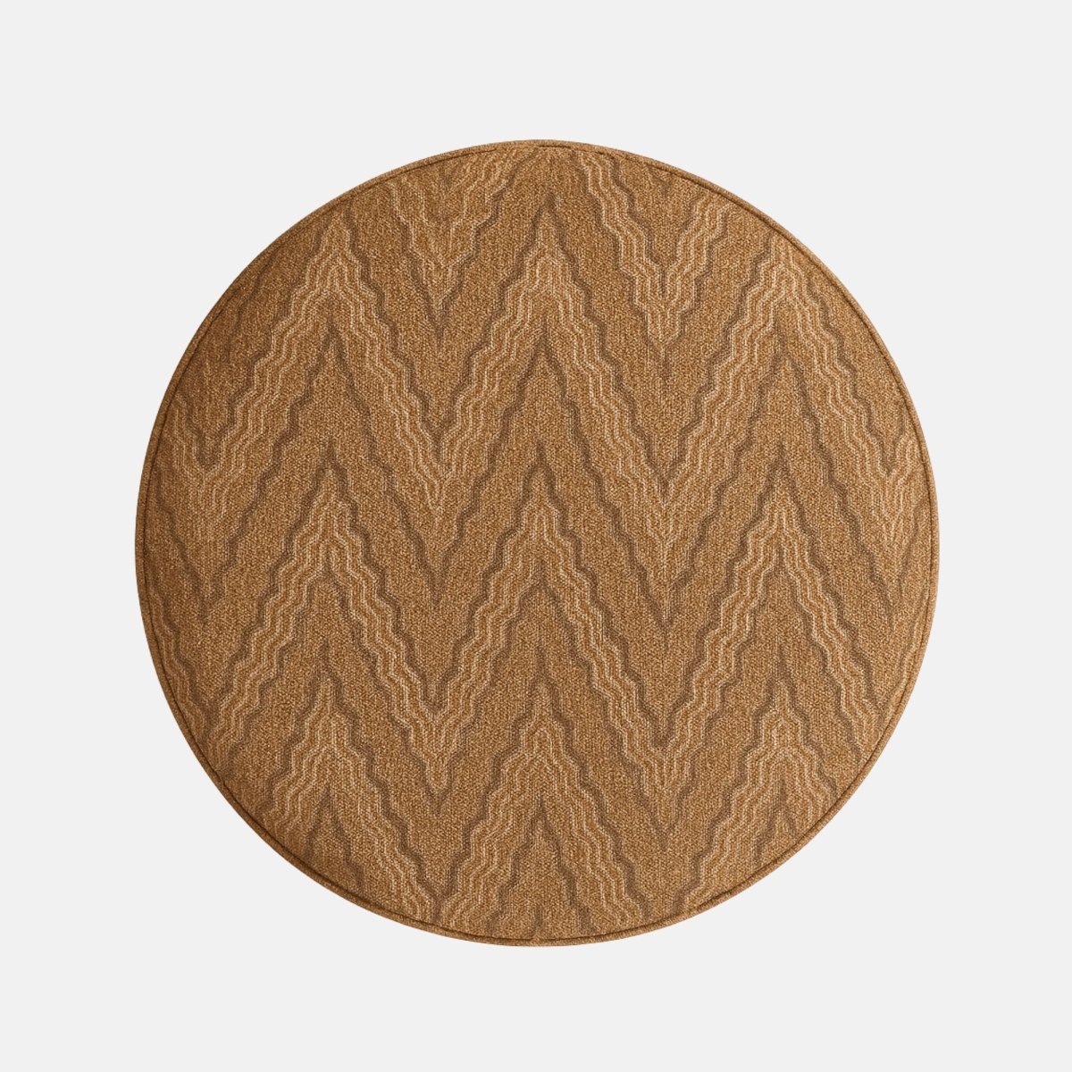 Round upholstered ottoman stool with brown zigzag patterned fabric and four short black wooden legs