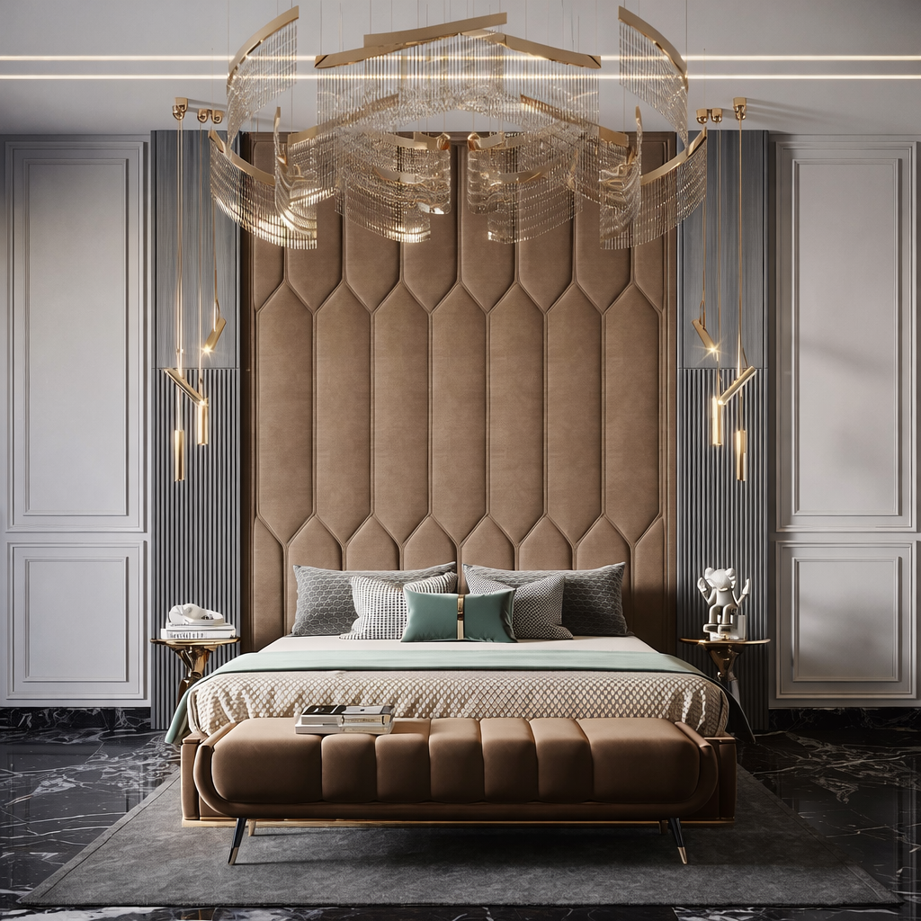 Luxury upholstered bed with tall tufted headboard and chandelier in a modern bedroom interior