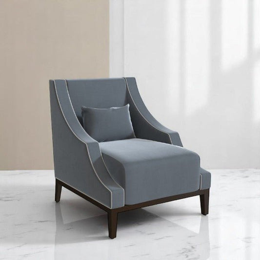 alt="Elegant grey square lounge chair with plush seat and black wooden legs for a refined finish"