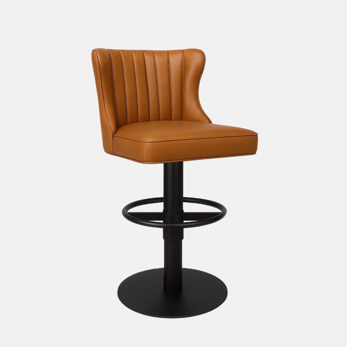 Tan leather 360° swivel bar stool with fluted backrest and black powder-coated base — bespoke made-to-order counter stool combining modern design and luxury craftsmanship.