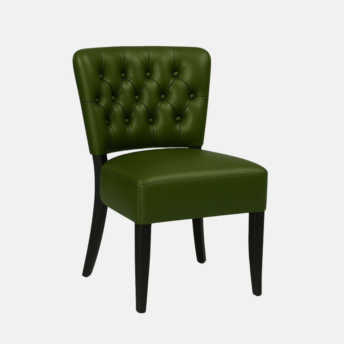 Classic dining chair with black wooden legs and deep green leather upholstery, featuring a tufted button-back design and a smooth cushioned seat, set against a light grey background