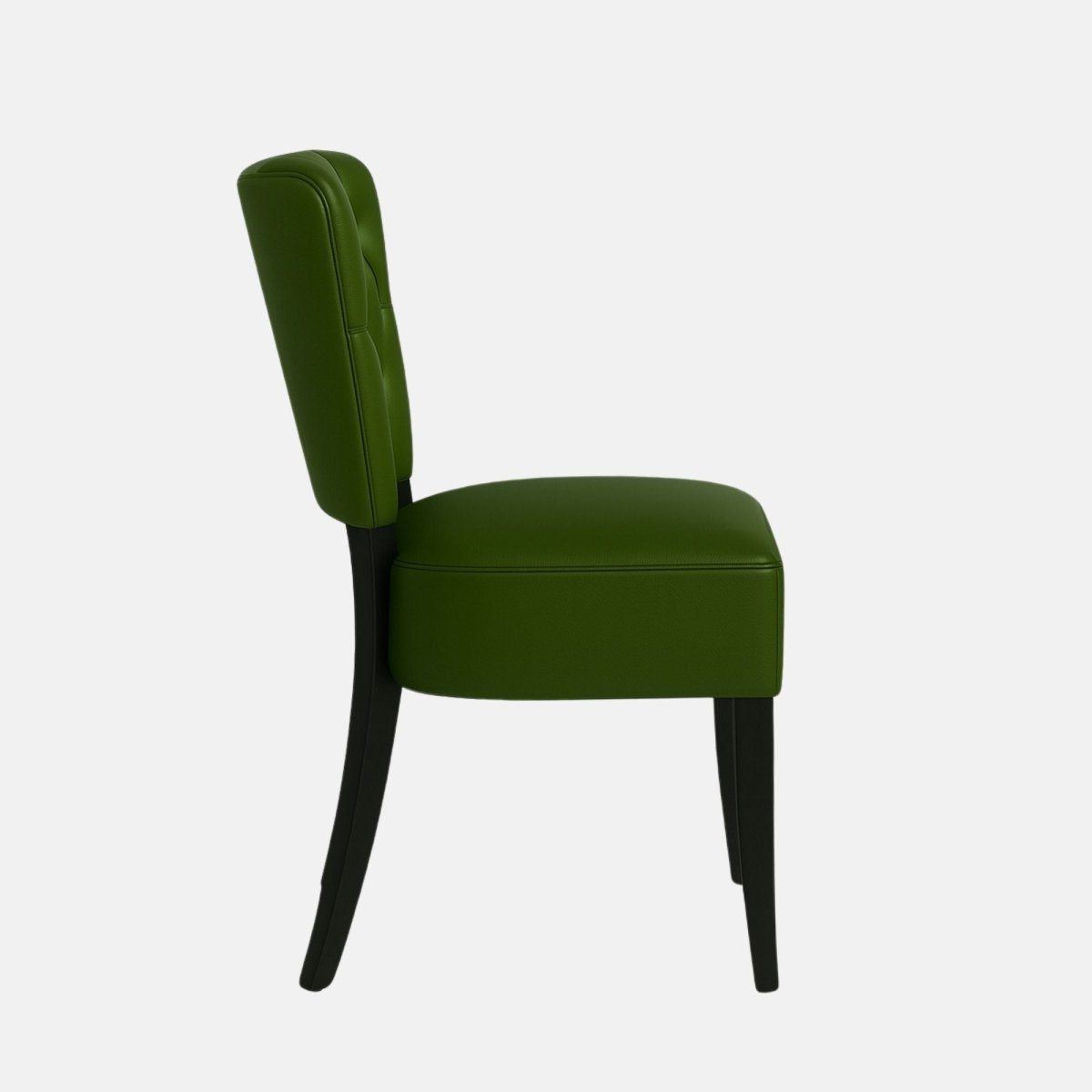 Classic dining chair with black wooden legs and deep green leather upholstery, featuring a tufted button-back design and a smooth cushioned seat, set against a light grey background