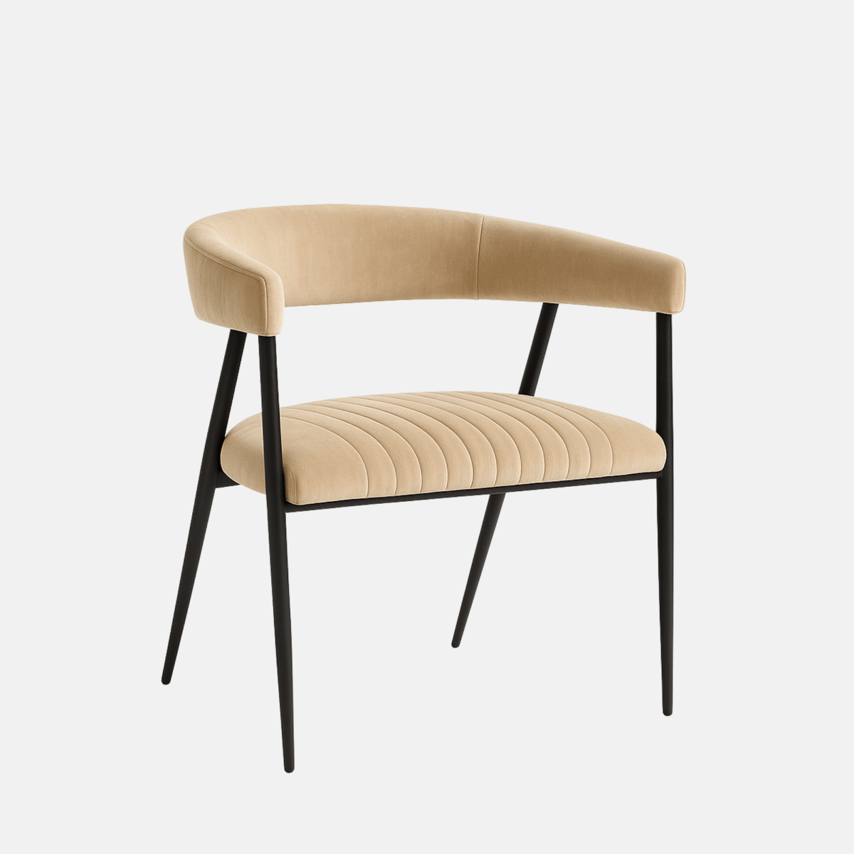 Modern dining chair with a curved beige upholstered backrest and seat, featuring vertical stitched detailing, supported by slim black metal legs angled outward.