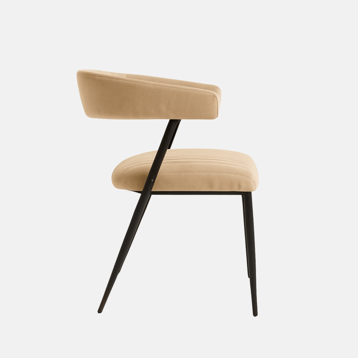 Modern dining chair with a curved beige upholstered backrest and seat, featuring vertical stitched detailing, supported by slim black metal legs angled outward.