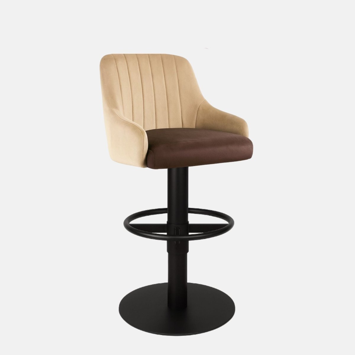 Two-tone velvet 360° swivel bar stool with beige fluted backrest and brown seat, featuring a black powder-coated metal base — Bespoke luxury counter stool.