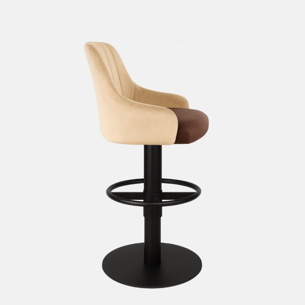 Two-tone velvet 360° swivel bar stool with beige fluted backrest and brown seat, featuring a black powder-coated metal base — bespoke luxury counter stool.
