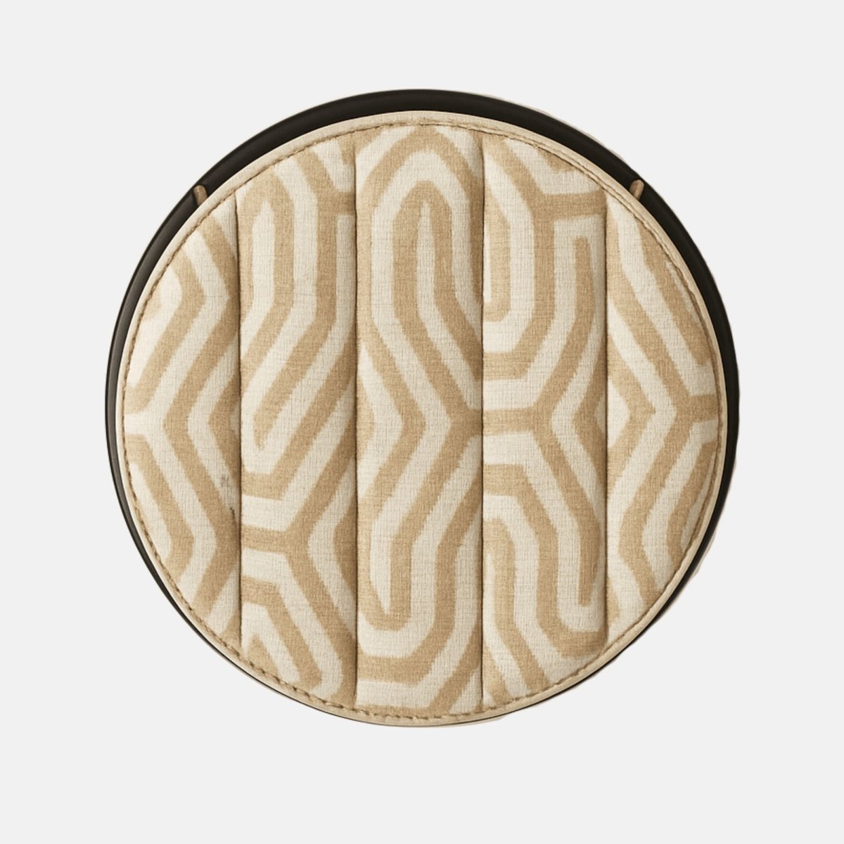 Round stool with a beige patterned cushioned seat and slim black metal frame featuring a circular base.