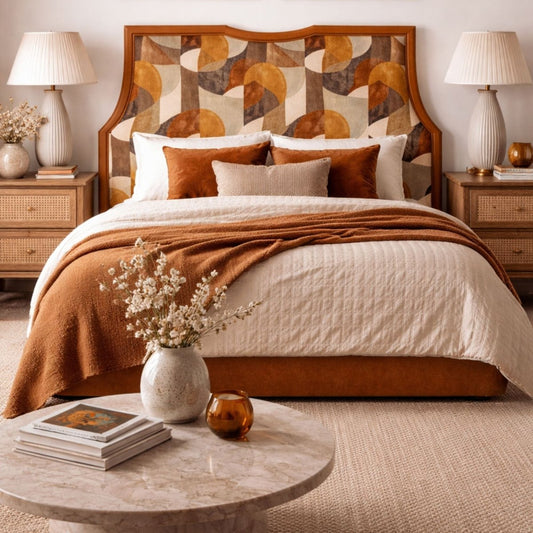 Stylish bedroom featuring a curved headboard with geometric patterned upholstery in warm tones, paired with neutral bedding, wooden nightstands, and soft decorative accents