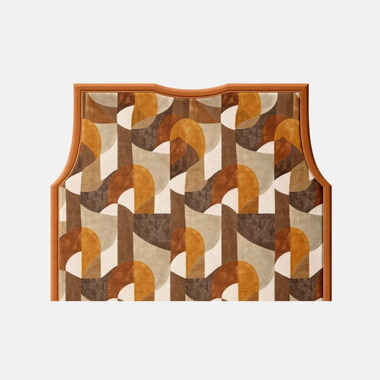 Upholstered headboard with a curved silhouette and geometric pattern in warm brown and neutral tones, framed with a wooden border on a plain background.