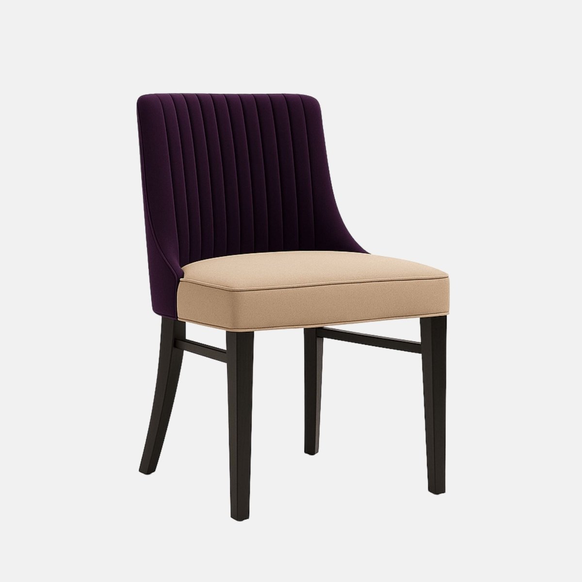 Modern dining chair with a deep purple upholstered backrest featuring vertical stitched detailing, beige cushioned seat, and dark wooden legs.
