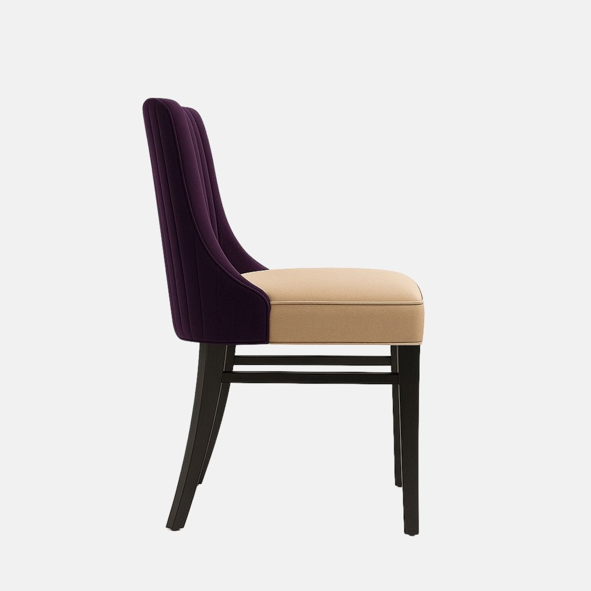 Modern dining chair with a deep purple upholstered backrest featuring vertical stitched detailing, beige cushioned seat, and dark wooden legs.
