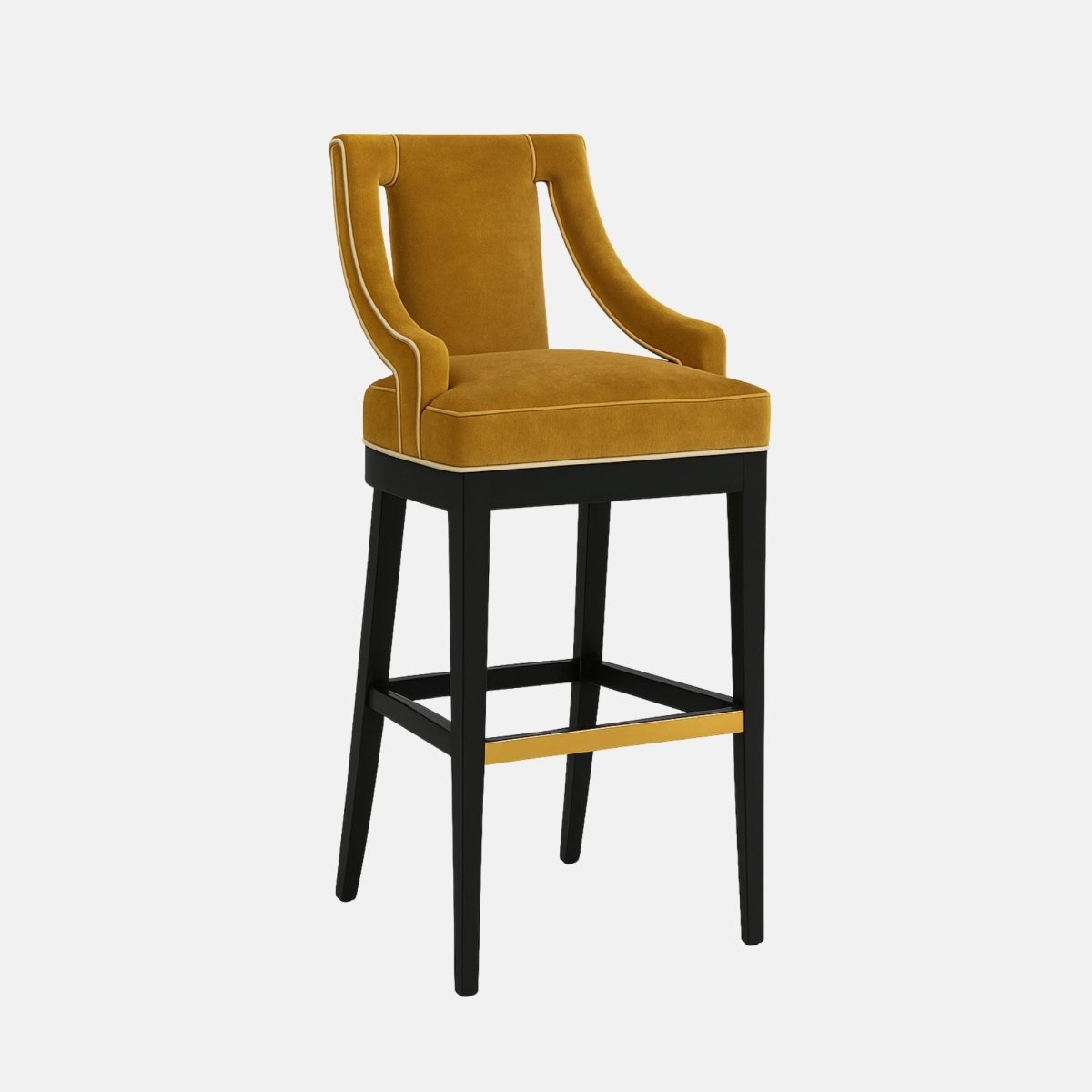 Sophisticated bar stool with sculpted open-back armrests, upholstered in mustard yellow velvet. The seat and back feature smooth, plush cushioning, supported by a black wooden frame with a brass footrest accent for a luxurious modern look.