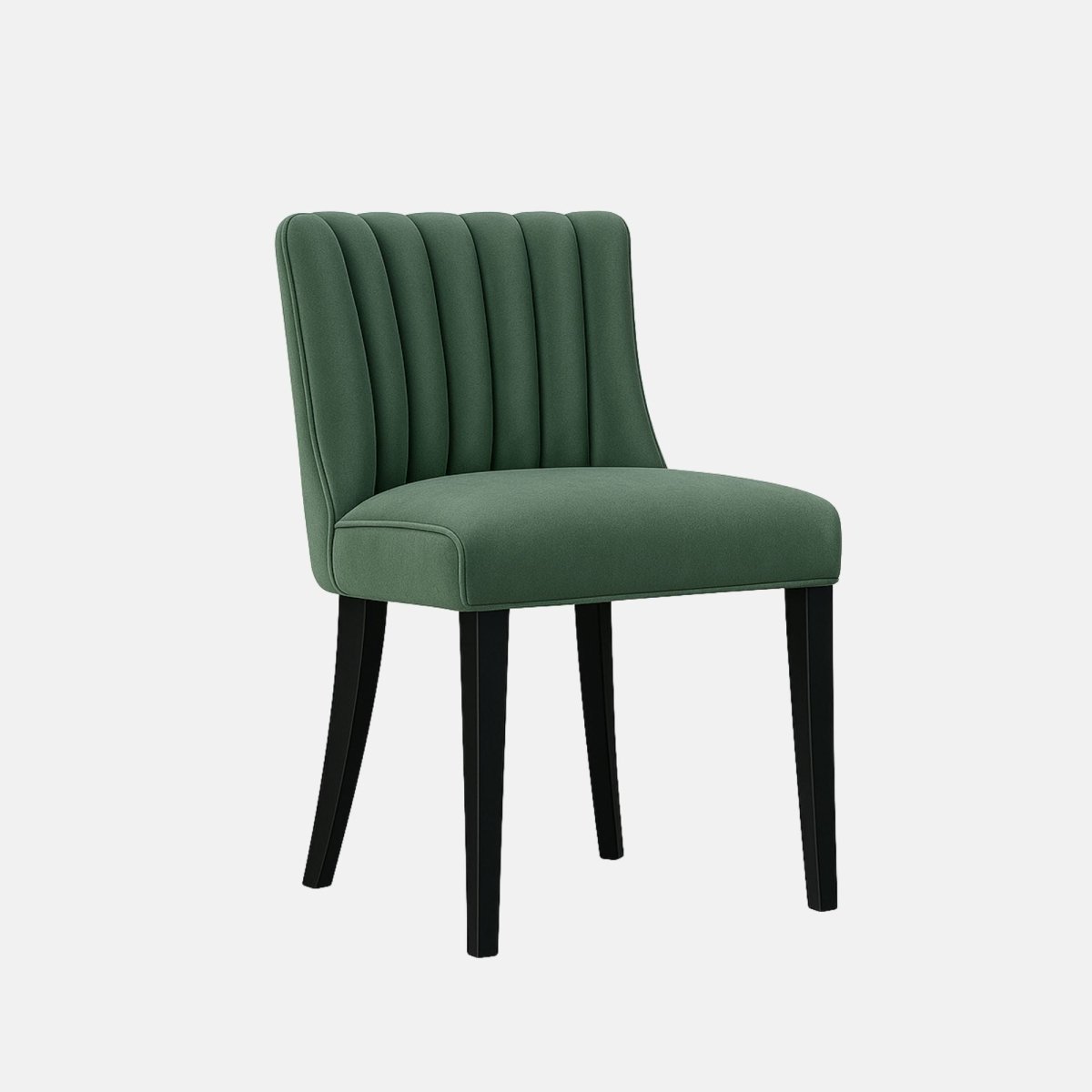 Green upholstered dining chair with vertical channel tufted backrest and black wooden legs, shown against a plain white background