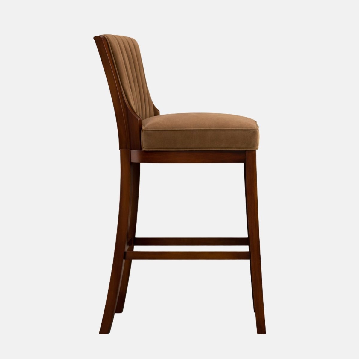 Side view of a brown upholstered bar stool with a channel-tufted backrest, padded seat, and dark wooden legs with lower stretcher rails.