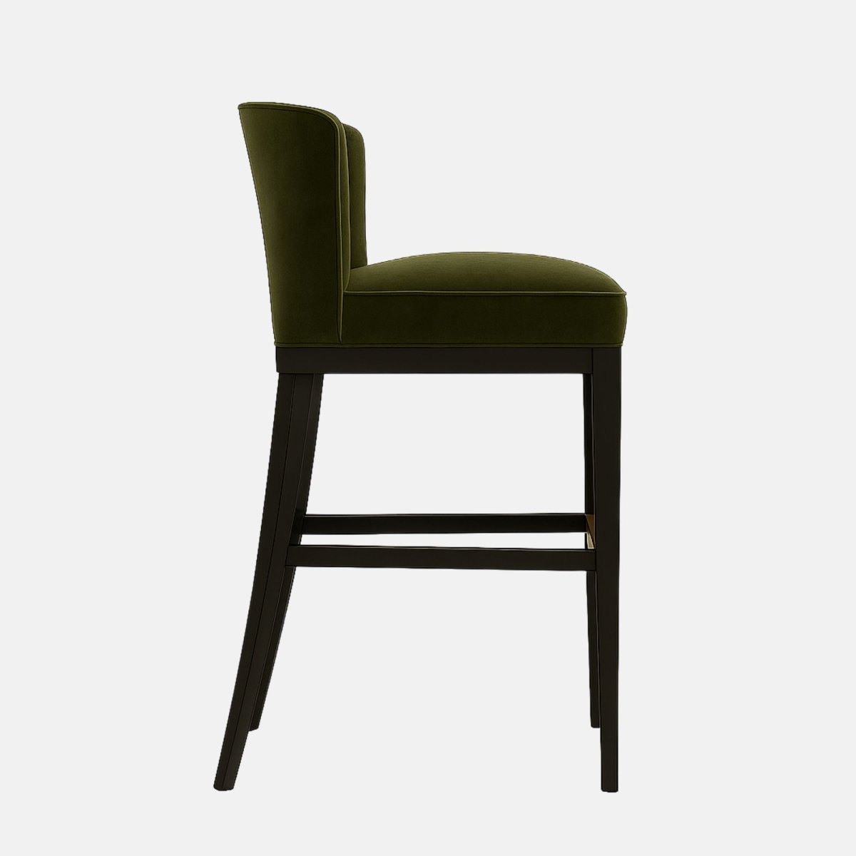 Olive green upholstered bar stool with a curved low back, black tapered legs, and a gold metal footrest.