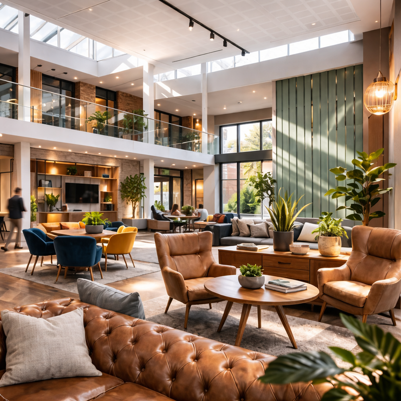 Luxury hotel lounge featuring upholstered sofas, leather armchairs, and stylish modern seating areas.