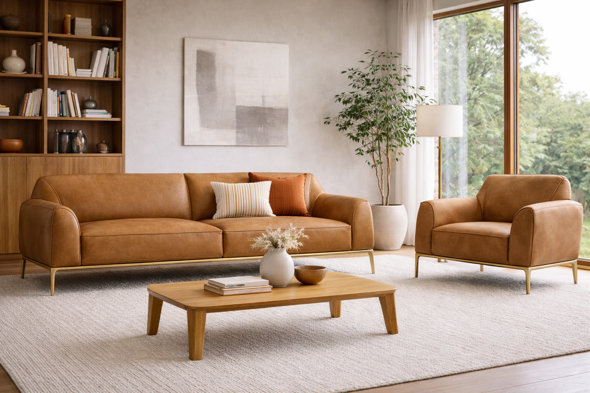 Modern living room with brown leather sofa, matching armchair, and wooden coffee table