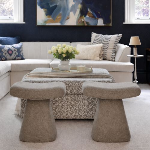 Modern living room interior with white sofa, decorative ottoman and contemporary wall art