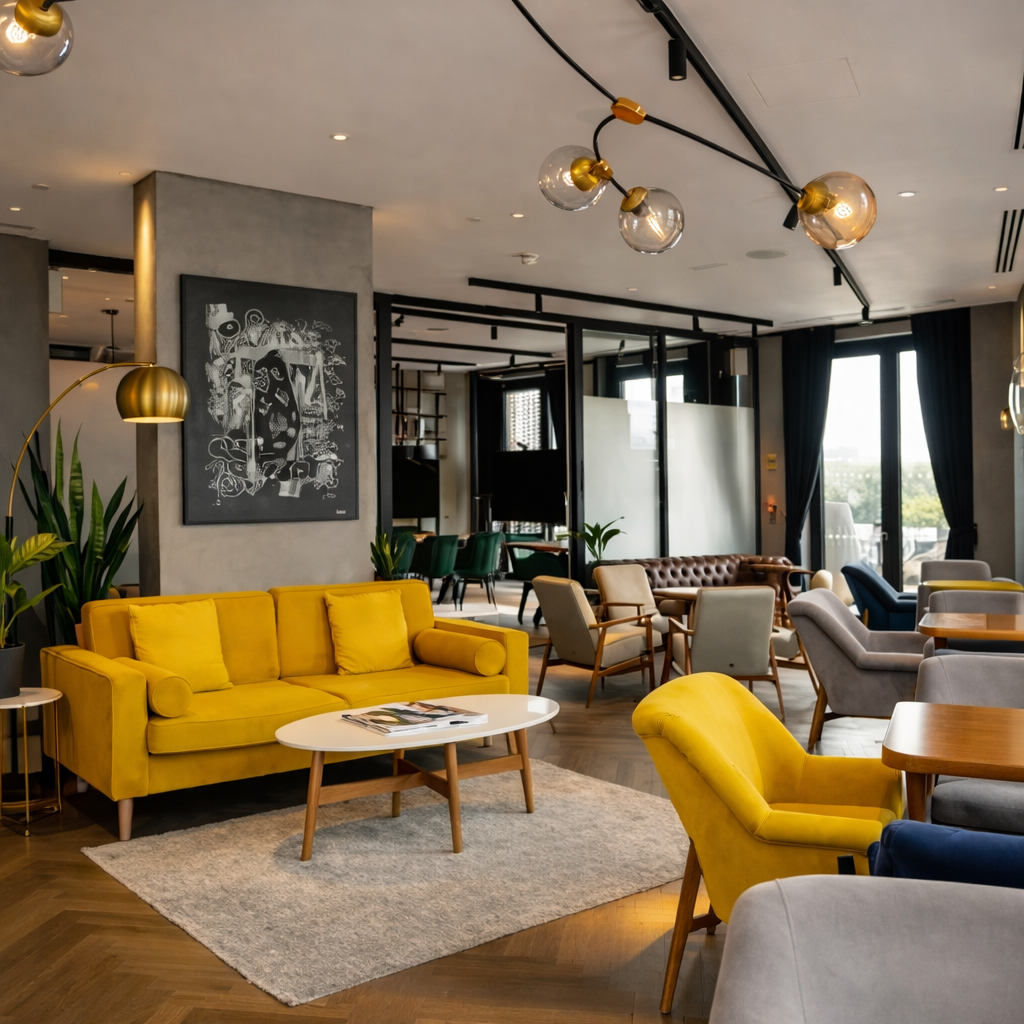 Modern lounge interior with upholstered sofa and armchairs, contemporary lighting, and stylish seating area