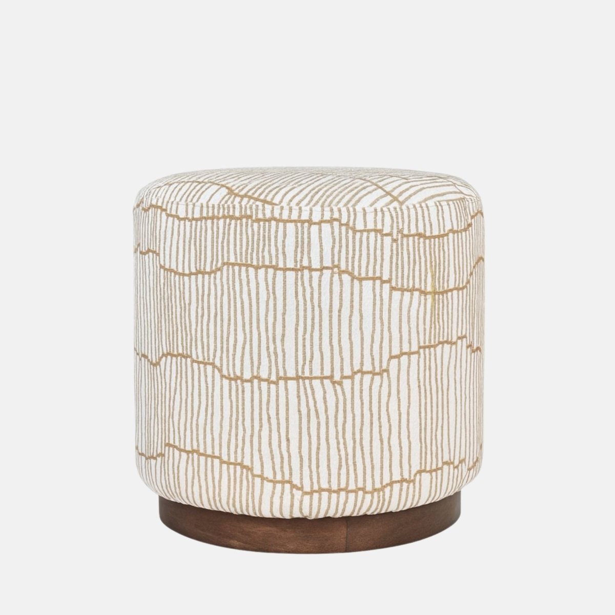 Moderní Pouffe with light brown linear patterned fabric and dark wood base – handmade cylindrical pouffe, versatile as seat, footrest, or accent