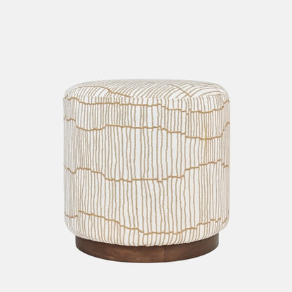 Moderní Pouffe with light brown linear patterned fabric and dark wood base – handmade cylindrical pouffe, versatile as seat, footrest, or accent