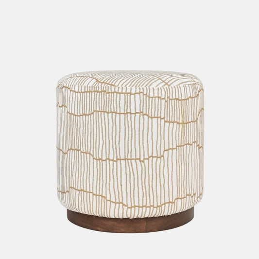 Moderní Pouffe with light brown linear patterned fabric and dark wood base – handmade cylindrical pouffe, versatile as seat, footrest, or accent