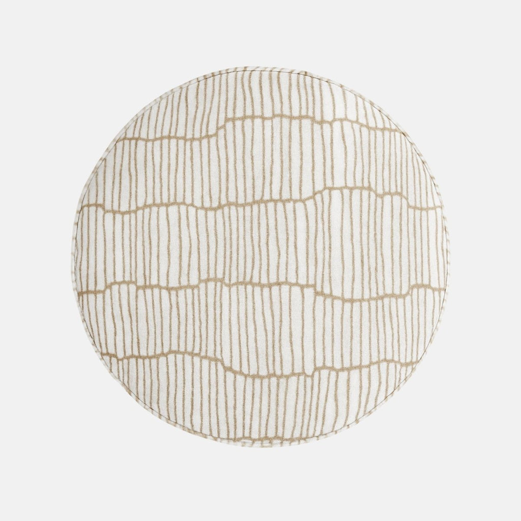 Moderní Pouffe with light brown linear patterned fabric and dark wood base – handmade cylindrical pouffe, versatile as seat, footrest, or accent