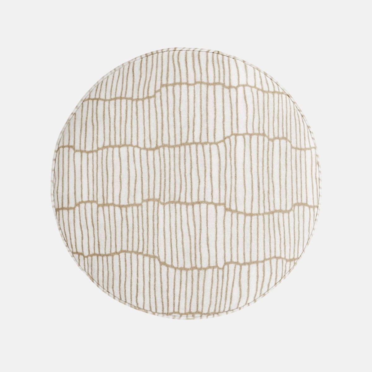 Moderní Pouffe with light brown linear patterned fabric and dark wood base – handmade cylindrical pouffe, versatile as seat, footrest, or accent