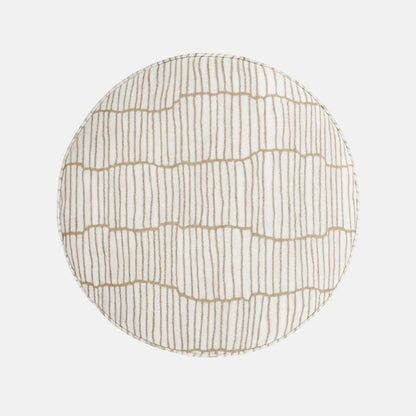 Moderní Pouffe with light brown linear patterned fabric and dark wood base – handmade cylindrical pouffe, versatile as seat, footrest, or accent
