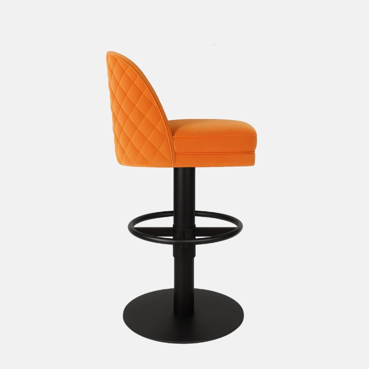 Orange velvet 360° swivel bar stool with quilted backrest and black powder-coated base — bespoke made-to-order counter stool for luxury kitchens and bars.