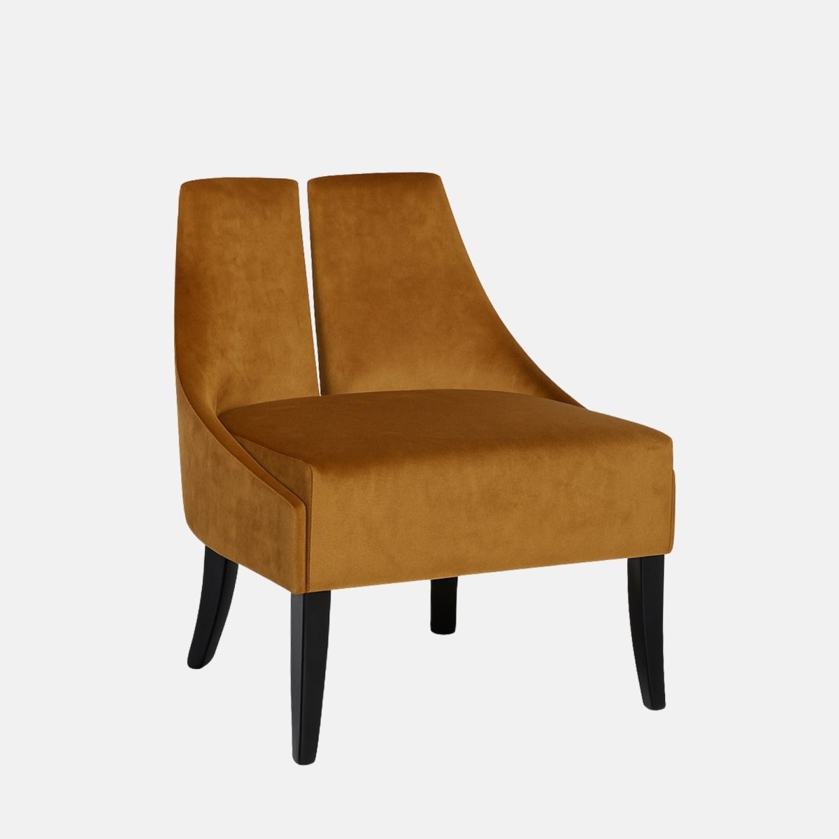 Mustard-coloured armless lounge chair with a split-back design, smooth velvet upholstery, and black tapered legs.