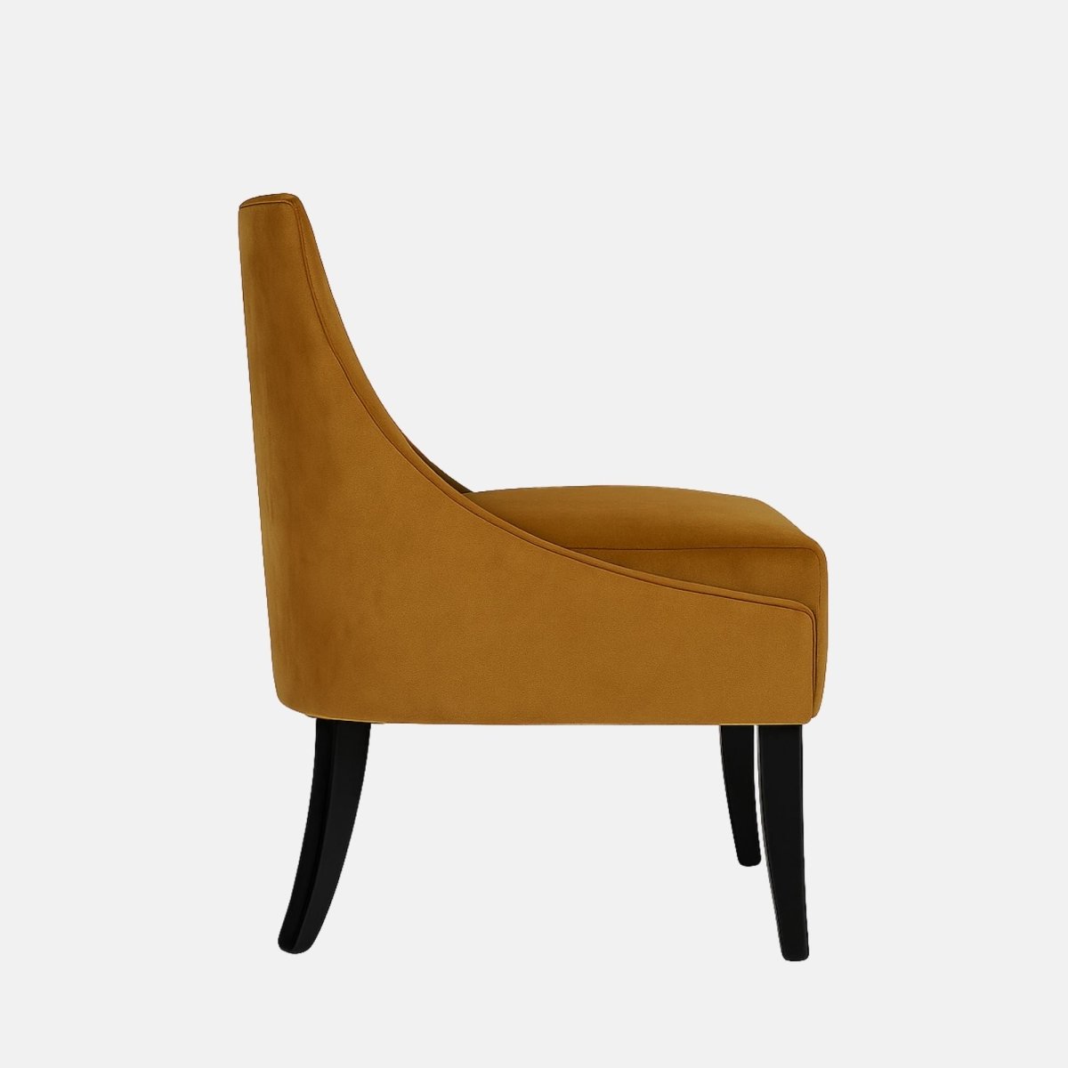 Mustard-coloured armless lounge chair with a split-back design, smooth velvet upholstery, and black tapered legs.