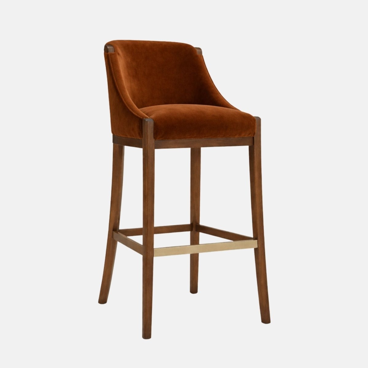Rust brown velvet bar stool with a curved wraparound back, padded seat, and dark wooden legs with a brass footrest bar.