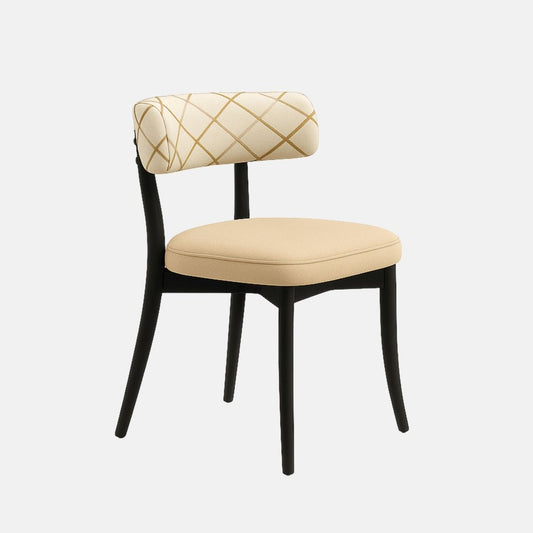 A modern dining chair with a sleek black wooden frame, a cushioned beige fabric seat, and an off-white upholstered backrest featuring a subtle gold diamond pattern. The chair has a curved back support and tapered legs, photographed from a straight side angle against a neutral background.
