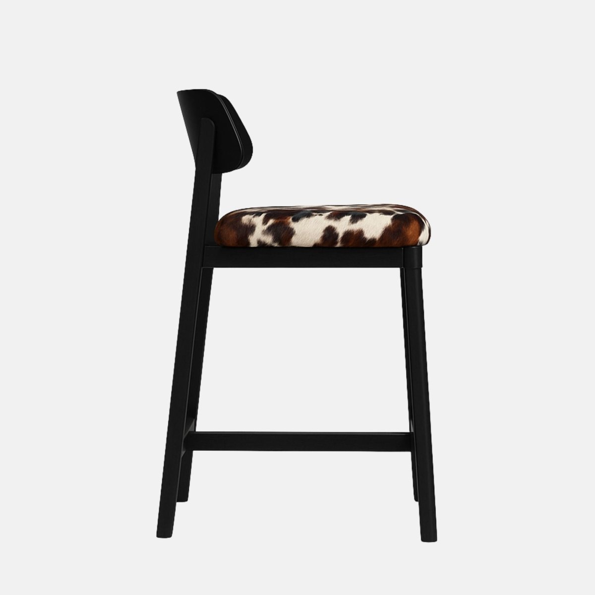 Modern black bar stool with a curved wooden backrest and a cowhide-patterned upholstered seat