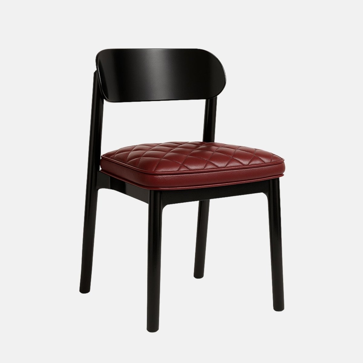Contemporary dining chair with a black wooden frame and a curved backrest, featuring a quilted burgundy leather seat cushion and minimalist design, set against a light grey background