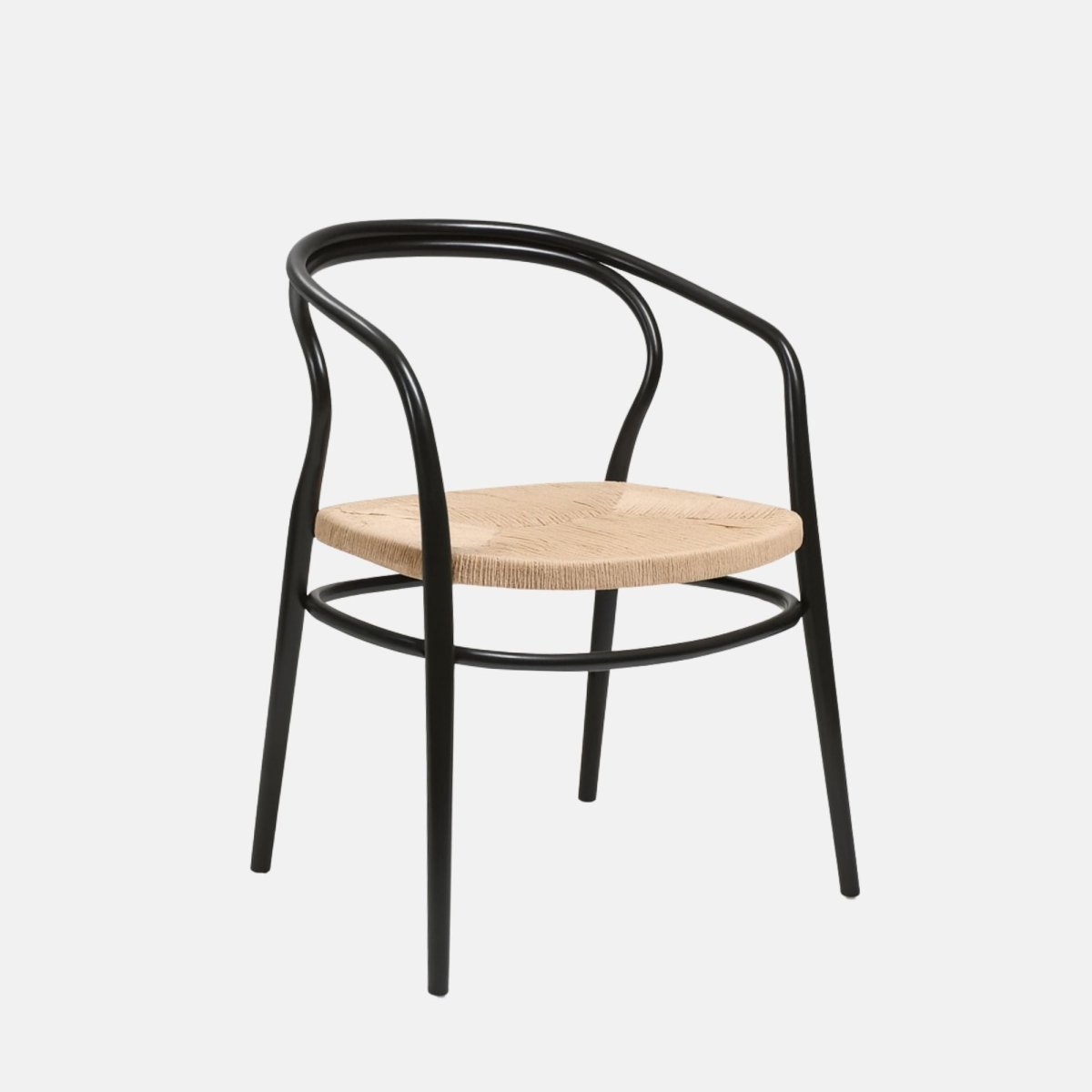 Modern armchair with a black curved metal frame and a woven natural rope seat.