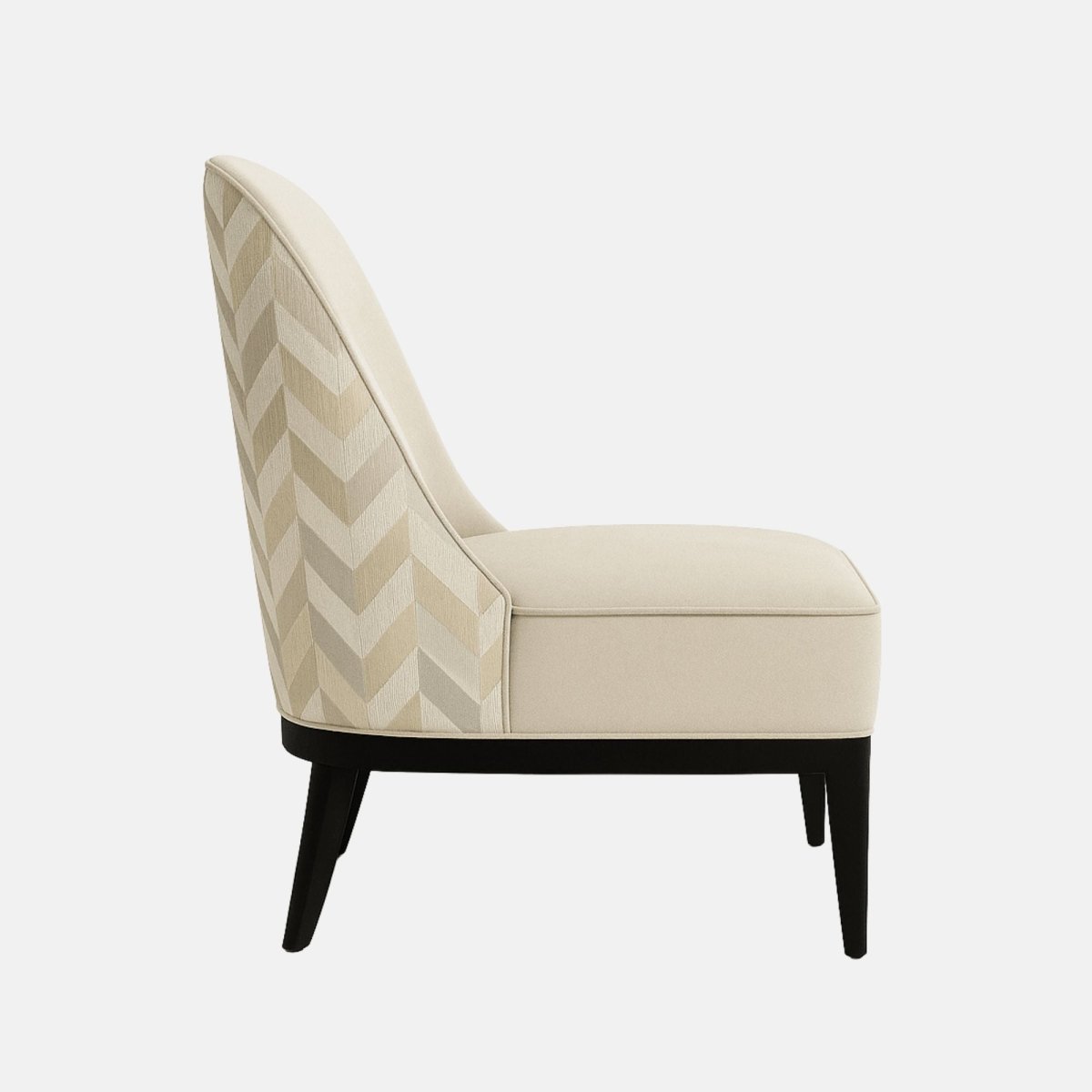 Modern armless accent chair with cream upholstered seat and backrest, chevron-patterned fabric on the sides, and black tapered wooden legs.
