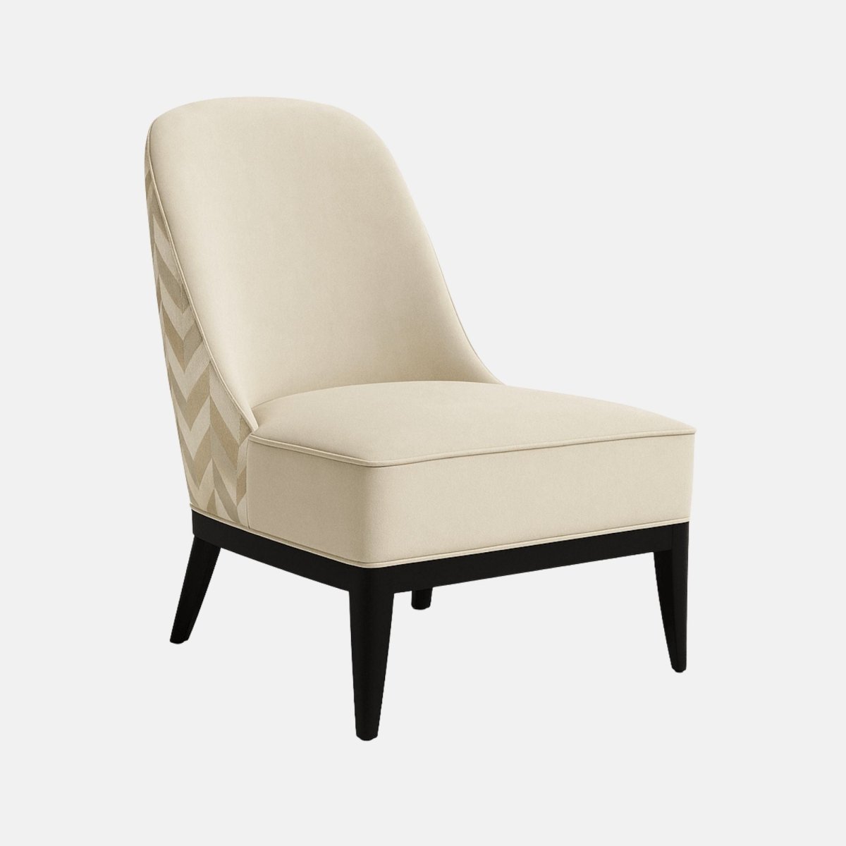 Modern armless accent chair with cream upholstered seat and backrest, chevron-patterned fabric on the sides, and black tapered wooden legs.
