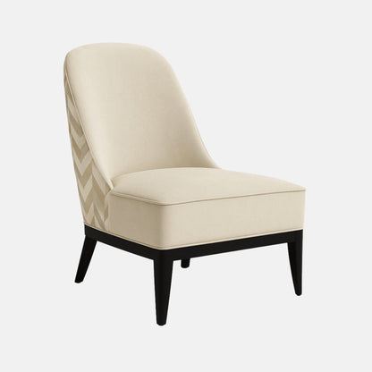 Modern armless accent chair with cream upholstered seat and backrest, chevron-patterned fabric on the sides, and black tapered wooden legs.
