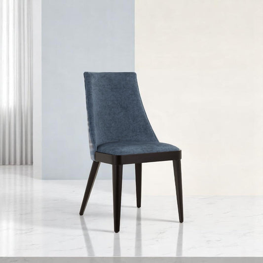 alt="Italian-style blue checked fabric side chair with sleek black legs, perfect for modern interiors"
